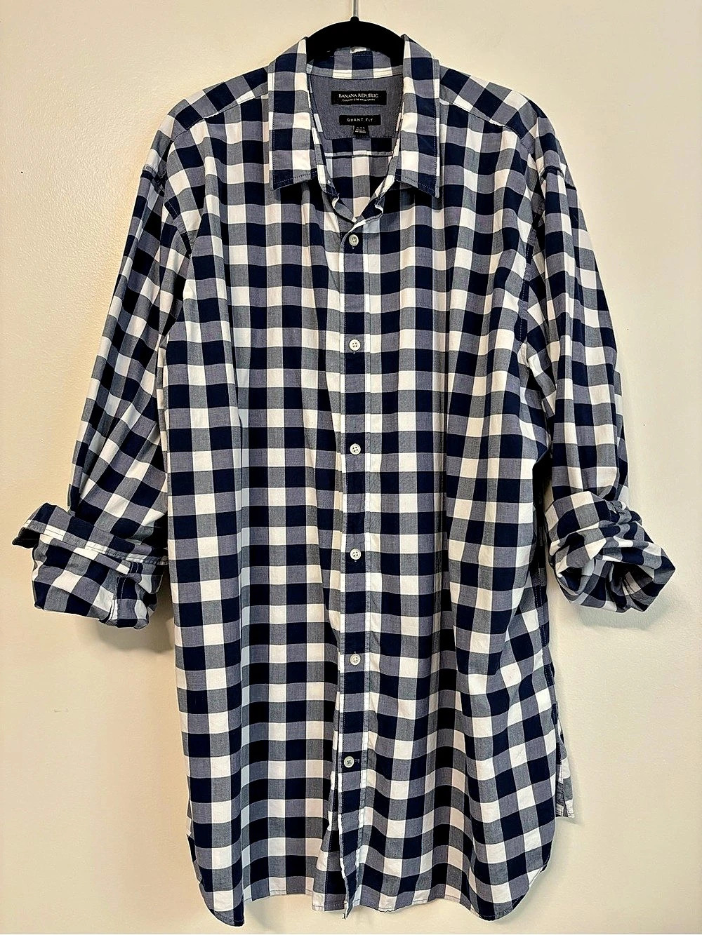 Banana Republic Grant Fit Navy Blue Gingham Wash Shirt Sz XXL Tall